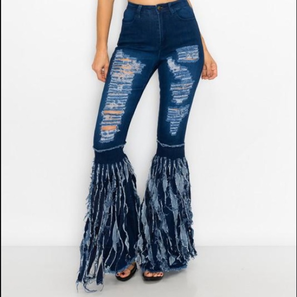 Women's High Waisted Bell Bottom Distressed Jeans